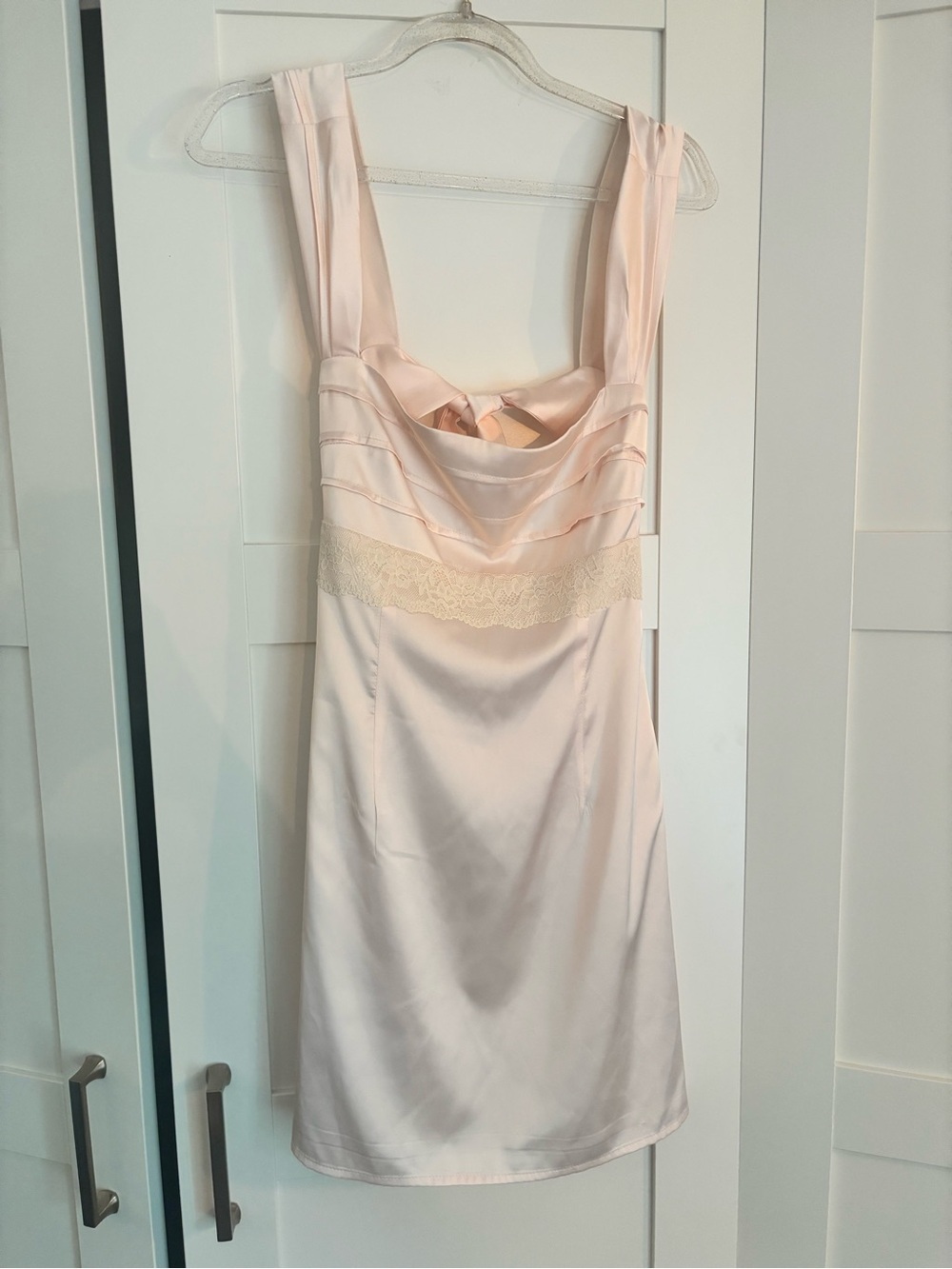 Beginning Boutique Women's Satin Slip Dress with Lace Trim - Light Blush Pink
